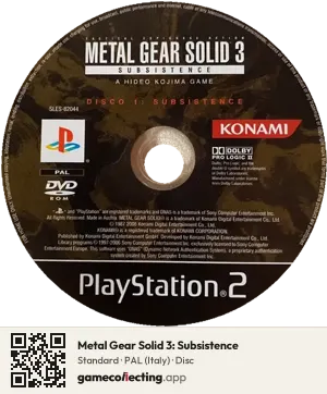 Metal Gear Solid 3: Subsistence PlayStation 2, PAL disc