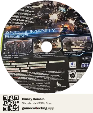 Binary Domain Xbox 360, NTSC disc