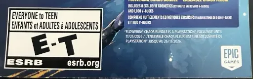 Fortnite, the ESRB box on its front