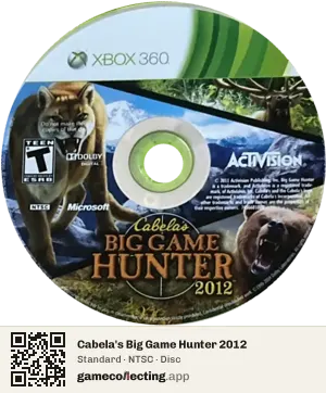 Cabela's Big Game Hunter 2012 Xbox 360, NTSC disc