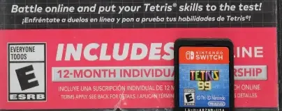 Tetris 99, the ESRB box on its front