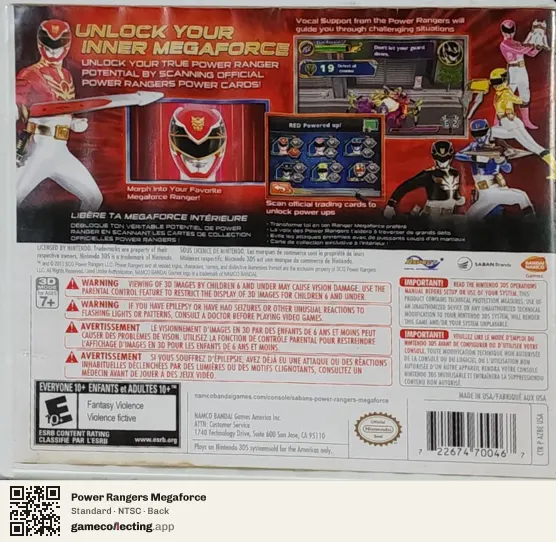 Power Rangers Megaforce Nintendo 3DS, NTSC box back