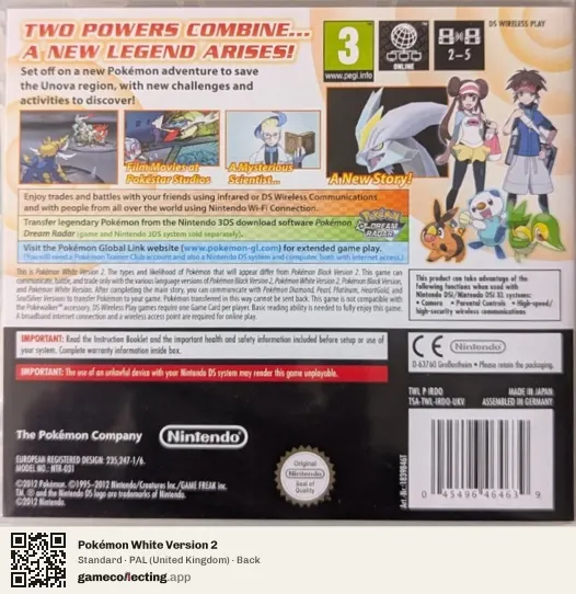 Pokémon White Version 2 Nintendo DS, United Kingdom box back