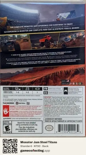 Monster Jam Steel Titans Nintendo Switch, NTSC box back