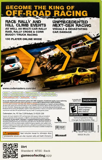 Dirt Xbox 360, NTSC box back