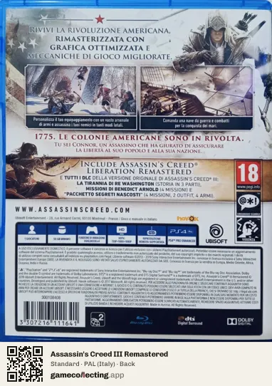 Assassin's Creed III Remastered PlayStation 4, Italy box back