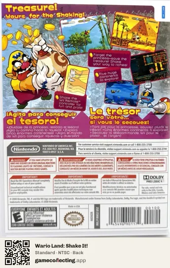 Wario Land: Shake It! Nintendo Wii, NTSC box back
