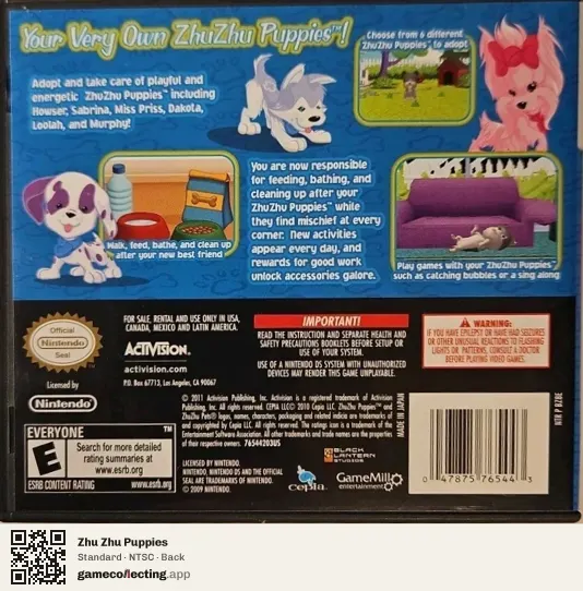 Zhu Zhu Puppies Nintendo DS, NTSC box back