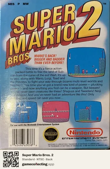 Super Mario Bros. 2 Nintendo Entertainment System, NTSC box back