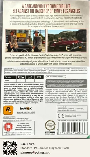 L.A. Noire Nintendo Switch, United Kingdom box back