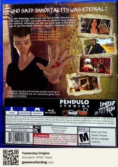 Yesterday Origins PlayStation 4, NTSC box back