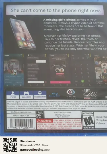 Simulacra PlayStation 4, NTSC box back