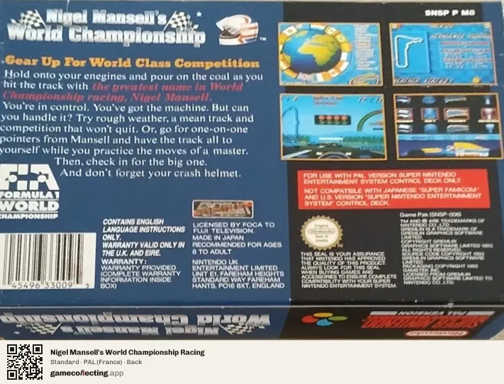 Nigel Mansell's World Championship Racing Super Nintendo Entertainment System, France box back