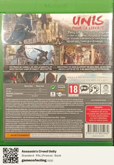 Assassin's Creed Unity Xbox One, France box back