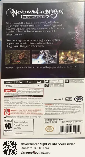 Neverwinter Nights: Enhanced Edition Nintendo Switch, NTSC box back