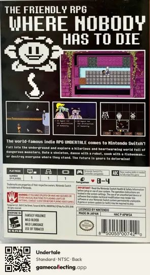 Undertale Nintendo Switch, NTSC box back