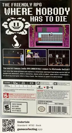 Undertale Nintendo Switch, NTSC box back
