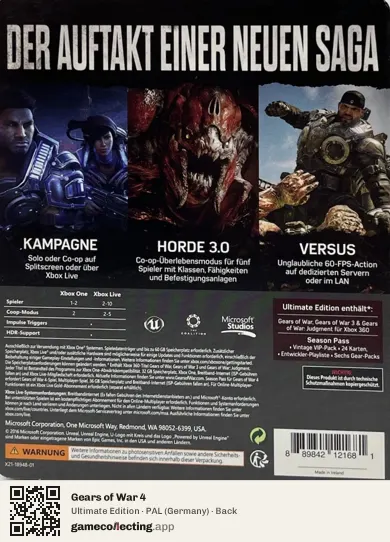 Gears of War 4 Xbox One, Germany box back
