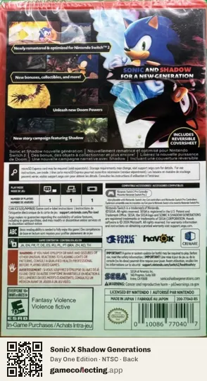 Sonic X Shadow Generations Nintendo Switch 2, NTSC box back