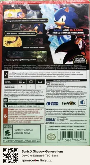 Sonic X Shadow Generations Nintendo Switch 2, NTSC box back