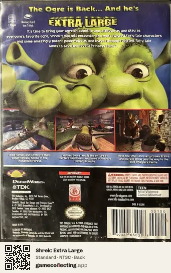 Shrek: Extra Large Nintendo GameCube, NTSC box back