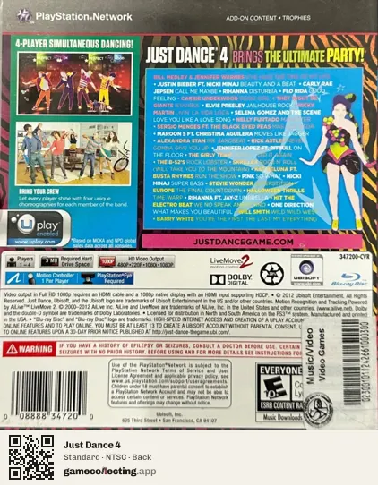 Just Dance 4 PlayStation 3, NTSC box back