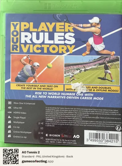 AO Tennis 2 Xbox One, United Kingdom box back