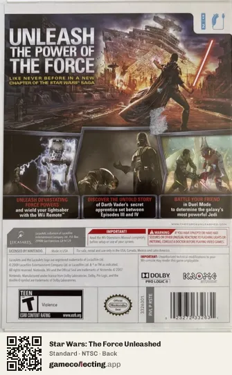 Star Wars: The Force Unleashed Nintendo Wii, NTSC box back
