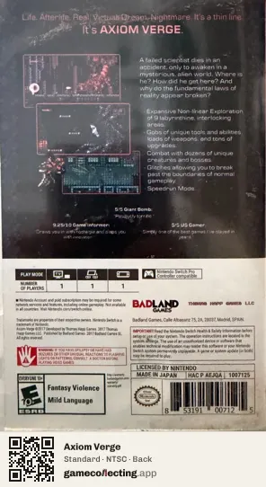 Axiom Verge Nintendo Switch, NTSC box back