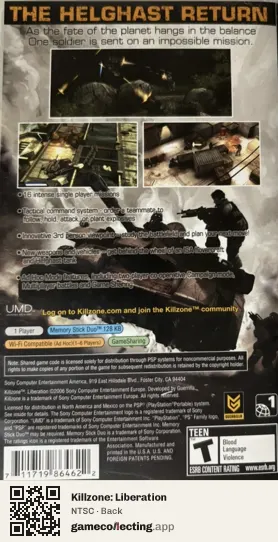 Killzone: Liberation PlayStation Portable, NTSC box back