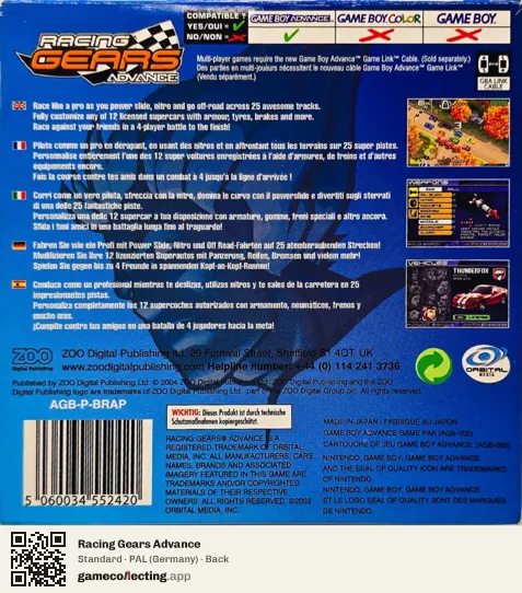 Racing Gears Advance Game Boy Advance, Germany box back