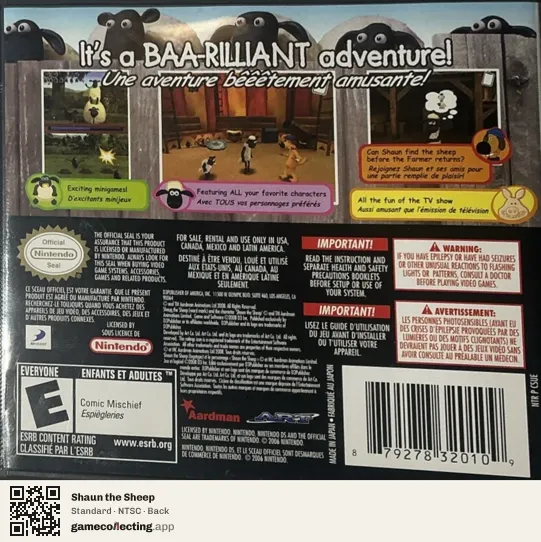 Shaun the Sheep Nintendo DS, NTSC box back