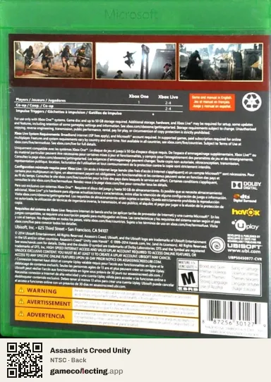 Assassin's Creed Unity Xbox One, NTSC box back