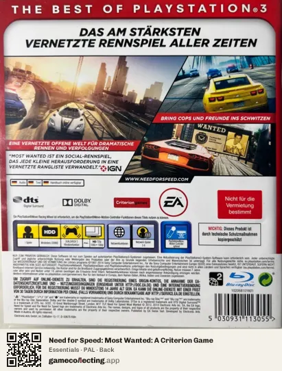 Need for Speed: Most Wanted: A Criterion Game PlayStation 3, PAL box back