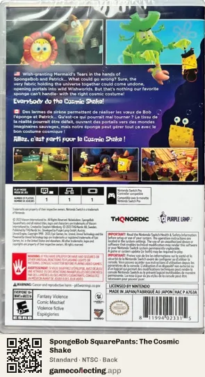 SpongeBob SquarePants: The Cosmic Shake Nintendo Switch, NTSC box back