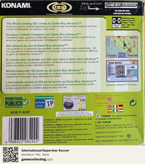 International Superstar Soccer Game Boy Advance, PAL box back