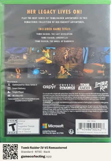 Tomb Raider IV-VI Remastered Xbox Series X, NTSC box back