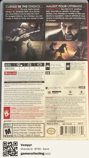 Vampyr Nintendo Switch, NTSC box back