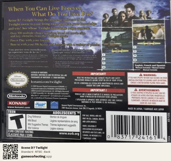 Scene It? Twilight Nintendo DS, NTSC box back