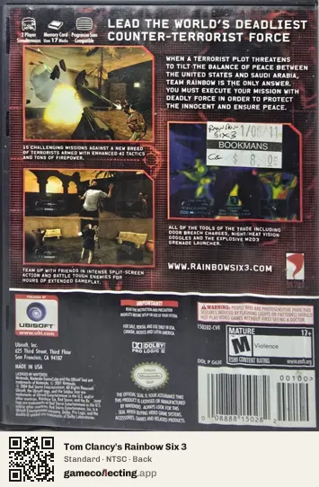Tom Clancy's Rainbow Six 3 Nintendo GameCube, NTSC box back
