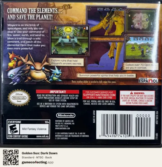 Golden Sun: Dark Dawn Nintendo DS, NTSC box back