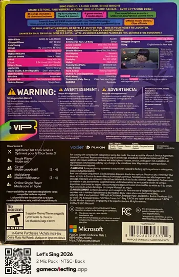 Let's Sing 2026 Xbox Series X, NTSC box back