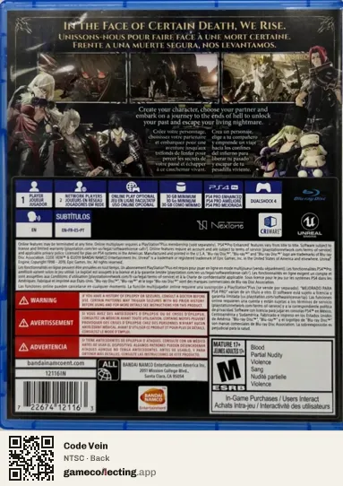 Code Vein PlayStation 4, NTSC box back