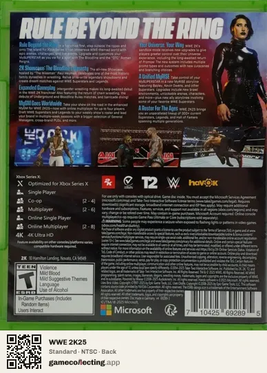 WWE 2K25 Xbox Series X, NTSC box back