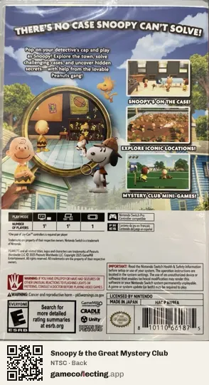 Snoopy & the Great Mystery Club Nintendo Switch, NTSC box back