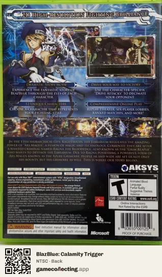 BlazBlue: Calamity Trigger Xbox 360, NTSC box back