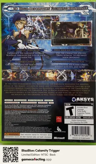 BlazBlue: Calamity Trigger Xbox 360, NTSC box back