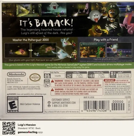 Luigi's Mansion Nintendo 3DS, NTSC box back