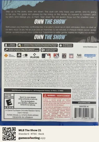 MLB The Show 21 PlayStation 5, NTSC box back