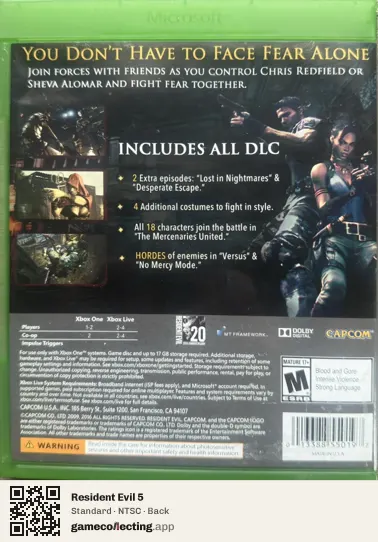 Resident Evil 5 Xbox One, NTSC box back
